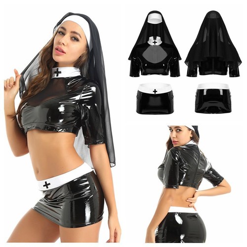 Women Sexy Nun Halloween Costume 3 Piece High Neck Crop Top and Mini Skirt Suits - Afbeelding 1 van 18