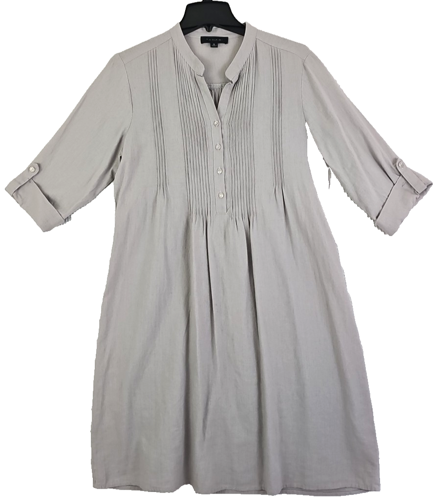 Tahari ~Woman Size S~ Gray Linen Blend Dress Pleated Coastal Roll-Up  Sleeves.
