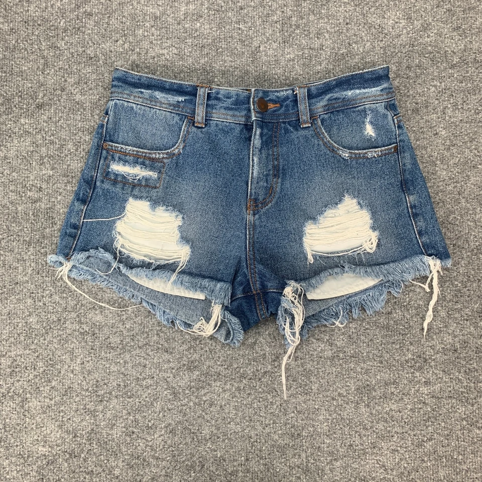 Pantalones Cortos Billabong Para Mujer 28 Azul Algodón Envejecido Flecos Bolsillos Dobladillo Crudo Foto 2 de 4