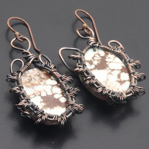 White Turquoise Gemstonne Wire Wrapped Handmade Earrings 2.3" Jewelry H17862 - Picture 1 of 3