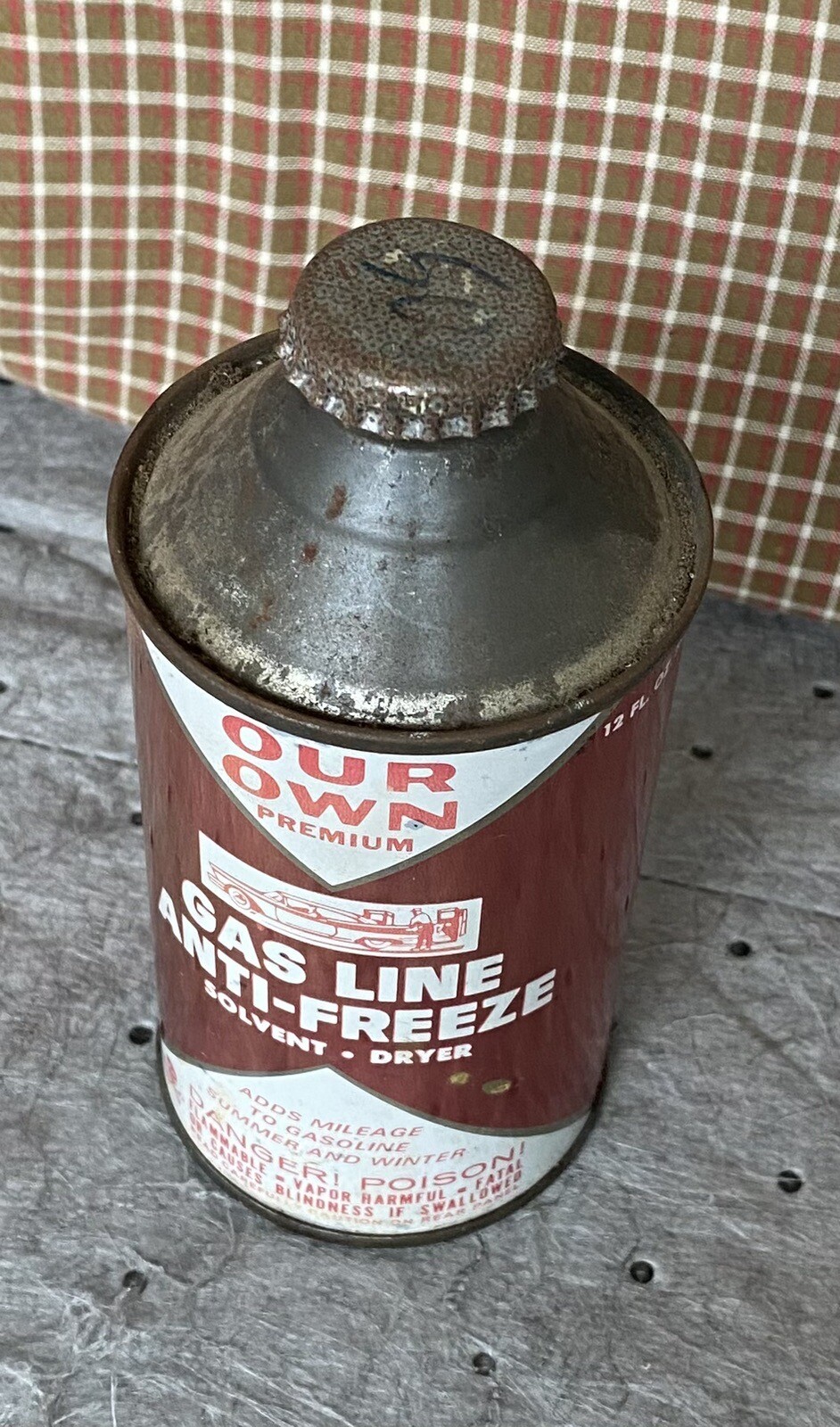 Vintage Our Own Gas Line AntiFreeze Solvent Empty Cone Top 12oz Can