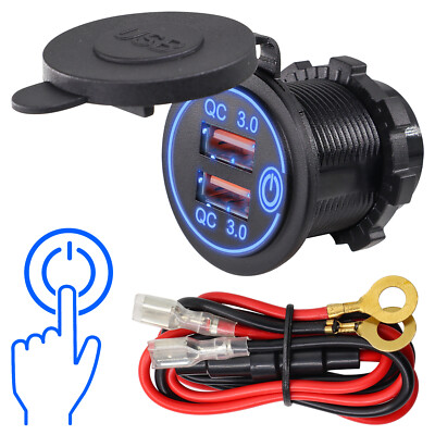 12V Car Charger Socket QC 3.0 Dual USB Port Touch Switch Phone Fast Charging