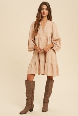 Brown Balloon Sleeve Dress Flowy Silhouette 100% Cotton Sizes S - L | eBay