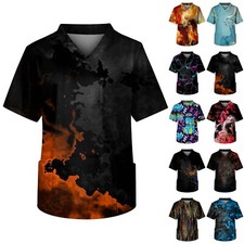 Scrub Tops for Men Print Tops V Neck Working Unifrom with Pocket