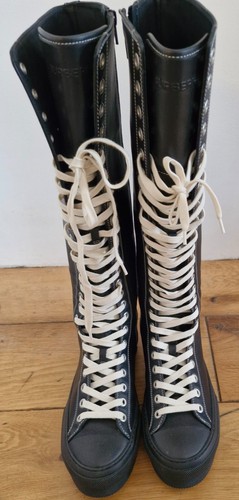 Burberry Black leather lace up biker Boots knee high EU42 UK9 NEW - Picture 3 of 12
