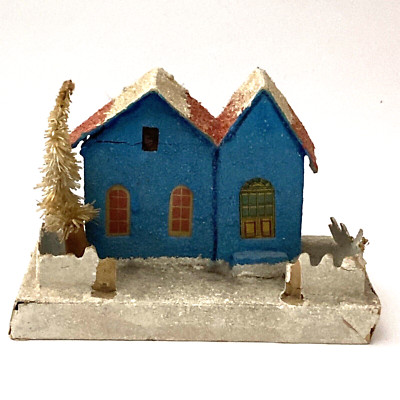 Vintage Christmas House w/ Tree ~ Coconut Putz Display Mica Glitter Nice Windows