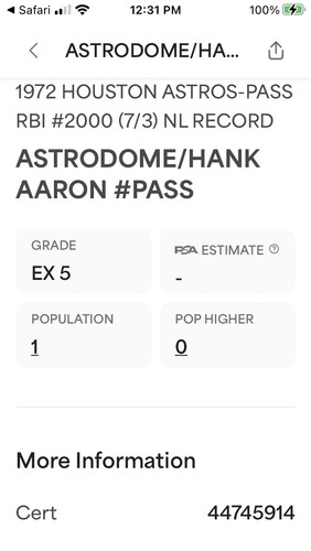1972 Hank Aaron 2000 RBI PSA Ticket Pass NL Record/ J. R. Richards 20 Wins Ex⚾️ - Picture 5 of 5