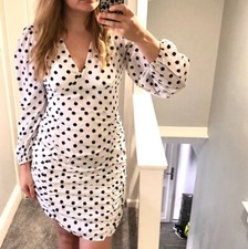 BNWT White And Black Polka Dot Print Puff Sleeve Ruched Dress Size 10