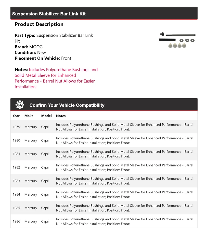 适用于 1979 - 1986 Mercury Capri 悬架稳定杆连接套件前 MOOG 1979 — 第 2/4 张图片