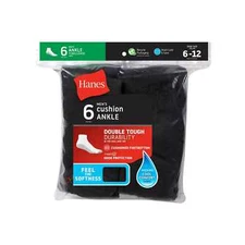 Hanes Men's Cushion Ankle Socks (Size 6-12, 6-Pack) Black White
