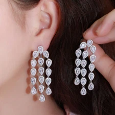 Shiny White Gold Pave Cubic Zirconia 925 Silver Long Dangle Drop Tassel Earrings
