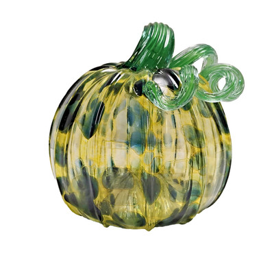 SIGNED Wheaton Arts Hand Blown Yellow Spatter Green Curly Stem Glass Pumpkin 6'' 
