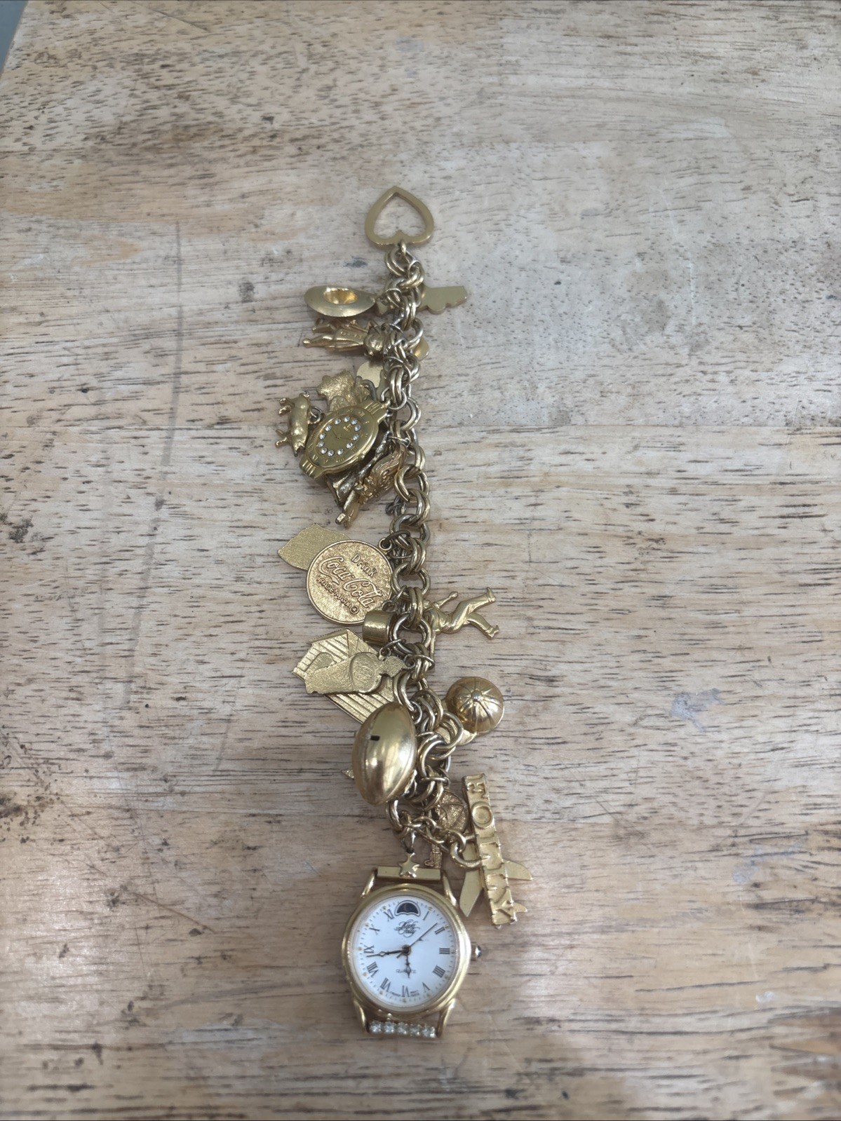 Kirks Folly Vintage Gold Tone Moon Phase Charm Bracelet Watch *Read*