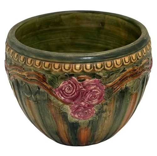 Vintage Weller Jardiniere Flemish Pottery Vase Bowl Rose Vine Handpainted EUC
