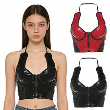 Womens Vest Front Zipper Tank Backless Tops Corset Crop Top Party Adjustable PU