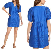 NWT Old Navy Peasant Mini Dress BLUE CUTWORK EYELET Lined Puff Sleeve V-Neck L