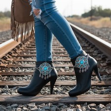 Women 2PCS Silver Metal Boot Chain Shoe Anklets Turquoise Flower Charm Boho Chic