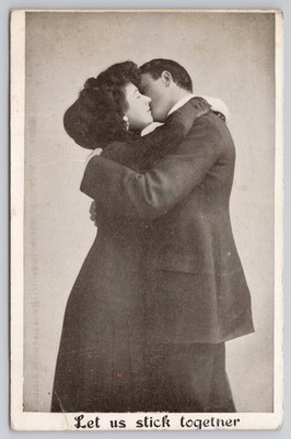 Fancy Dressed Couple Kissing ''Let Us Stick Together''