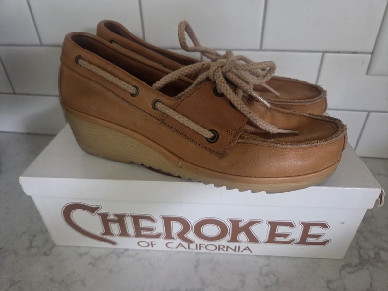 1970s Cherokee California Leather Wedge Platform Loafer- Size 6.5 Box