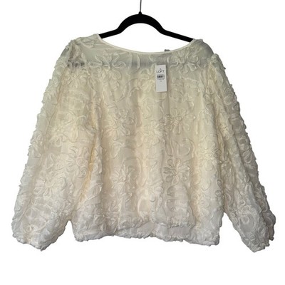LOFT Cream 3D Floral Applique Blouse XL NWT Long Sleeve Tie Back Top