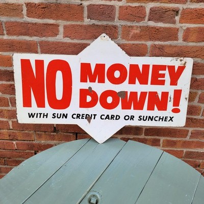 Vintage Sunoco Sunchex Gas Station Tire Sign No Money Down Double Sided Metal