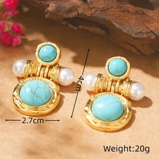 S925 Silver 18K Gold Plated Retro Turquoise Pearl Drop Earrings Geometric Dangle