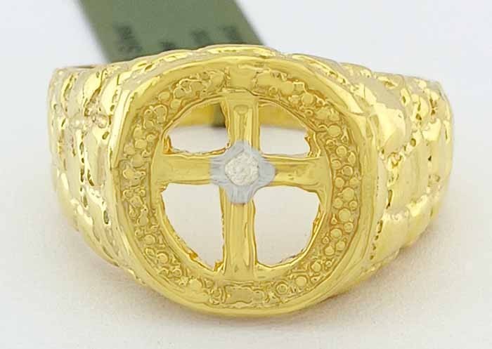 GENUINE DIAMOND CROSS RING 14K YELLOW GOLD PLATED (.925 Silver) - New With Tag