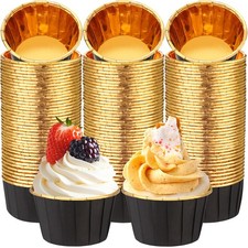 300 Pack Black Gold Cupcake Liners Bulk Disposable Foil Muffin Cups 3.5 oz Wr...