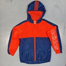 Adidas Jacket Boys Medium Blue Orange Hooded Windbreaker Athletic Spell Out Logo