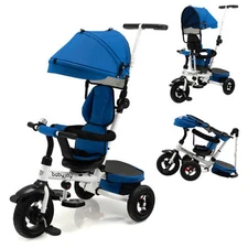 Folding Tricycle Baby Stroller with Reversible Seat and Adjustable Canopy-Blue -