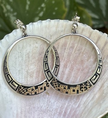  Story Teller 2  Teme 14K Gold Sterling Silver Hoop Earrings Signed Navajo
