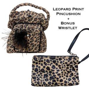 Pincushion Purse Shaped Leopard Print Beaded + Bonus Faux Leopard Fur Wristlet