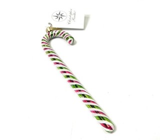 Christopher Radko Striped Glass Frosted Candy Cane Ornament Green & Red