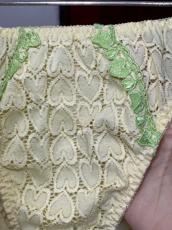Vintage Slippery Polyester Panty Silky Nylon Heart Lace Sheer Yellow Bikini Sz.5 - Image 3 of 4
