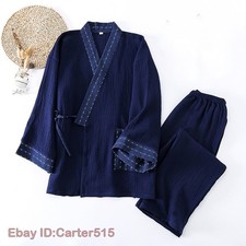 Men's Pajamas Set Cotton Sleepwear Japanese Yukata Kimono Bathrobe Robe Pants