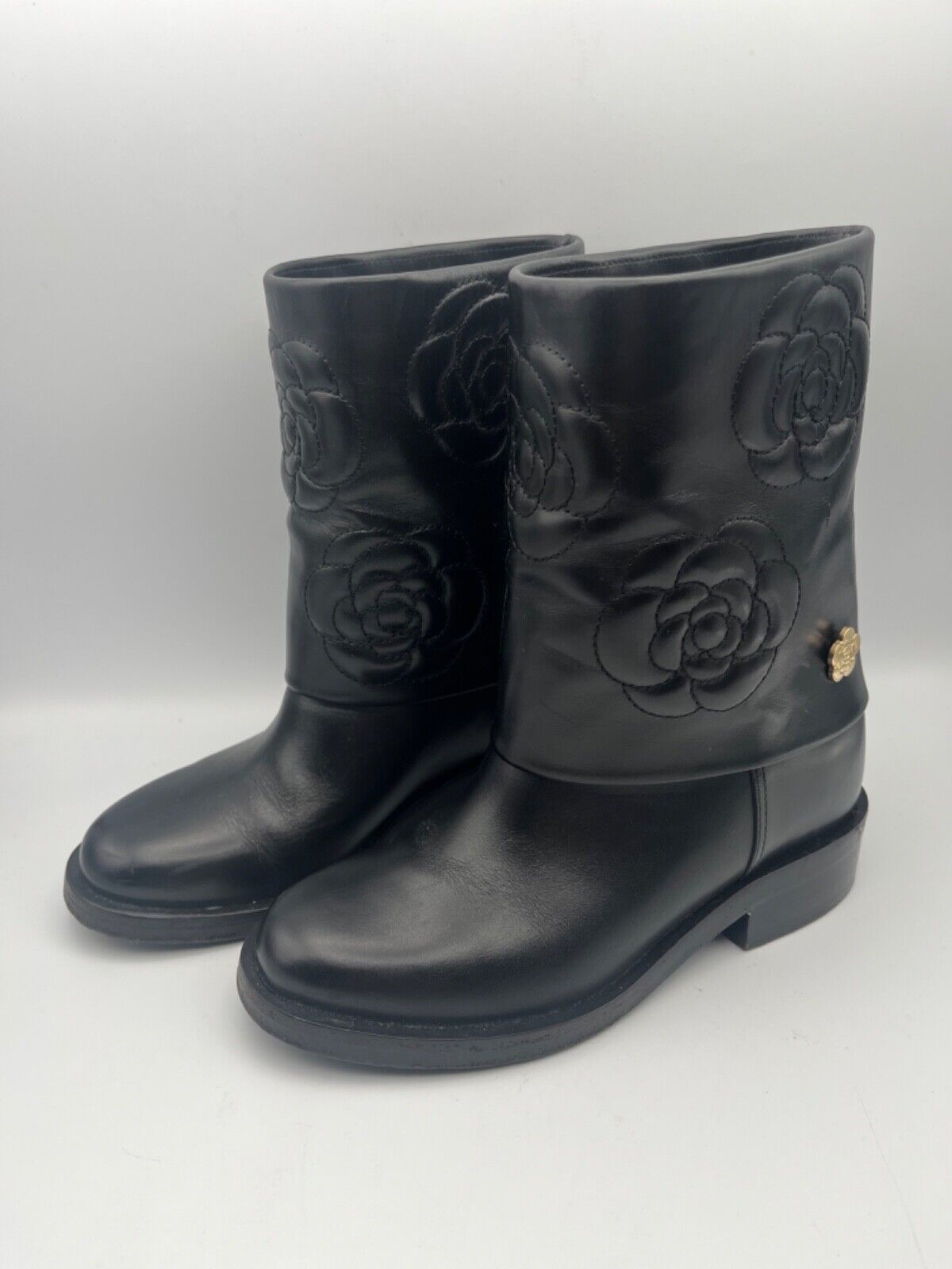 Chanel Quilted Biker Boots Size 5 Quilted Flower … - image 1
