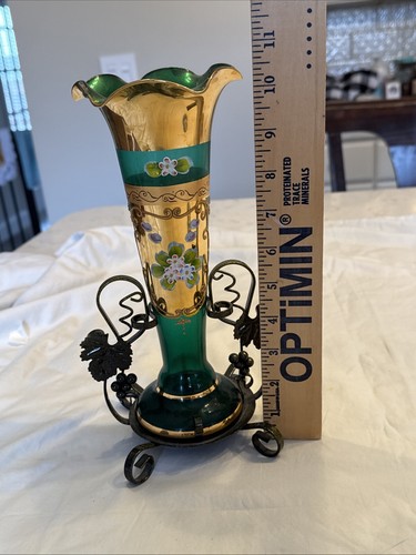 Vtg Bohemia Emerald Green Glass Gold Hand Painted Botanical Vase Metal Stand - Picture 6 of 6