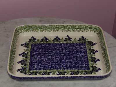 Polish Pottery Lg Rectangle Baker! Bunny Pattern!