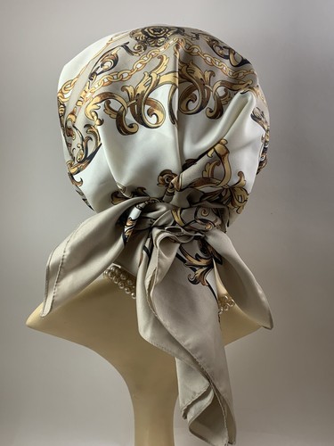 Vintage 1960s Polyester Scarf Beige Gold White Chain & Scroll Pattern 35 Inches - Picture 9 of 19
