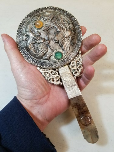 Antique 18th C. Nephrite Jade Belt Hook Set Into 19th C. Chinese Export Mirror - Picture 6 of 12