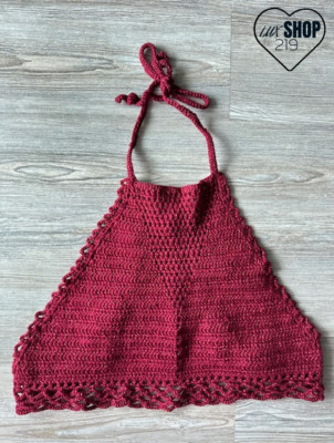Crochet Halter Crop Top Red Wine Knit Size Medium Tie Closure