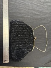 Vintage Black Beaded Evening Clutch Purse Made in Hong Kong Gold Trim Hand Sewn