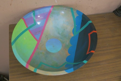 NANCY B FRANK VINTAGE 1988 ABSTRACT MODERNIST HAND PAINTED WOOD BOWL WOODEN 12" - Picture 3 of 9