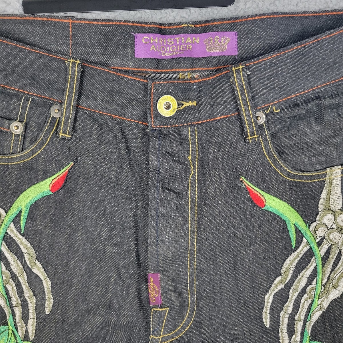 Christian Audigier Skulls & Roses Embroidered Denim Jeans Christian Audigier Skulls & Roses Embroidered Denim Jeans