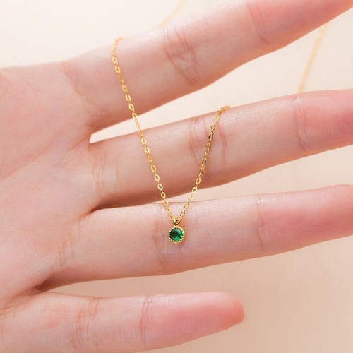 Sterling Silver Necklace with Tiny Round Green CZ Prong Pendant A5317 - Picture 4 of 7