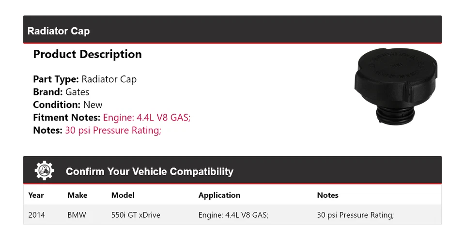 For 2014 BMW 550i GT xDrive 4.4L V8 GAS Radiator Cap Gates - Image 2 of 4