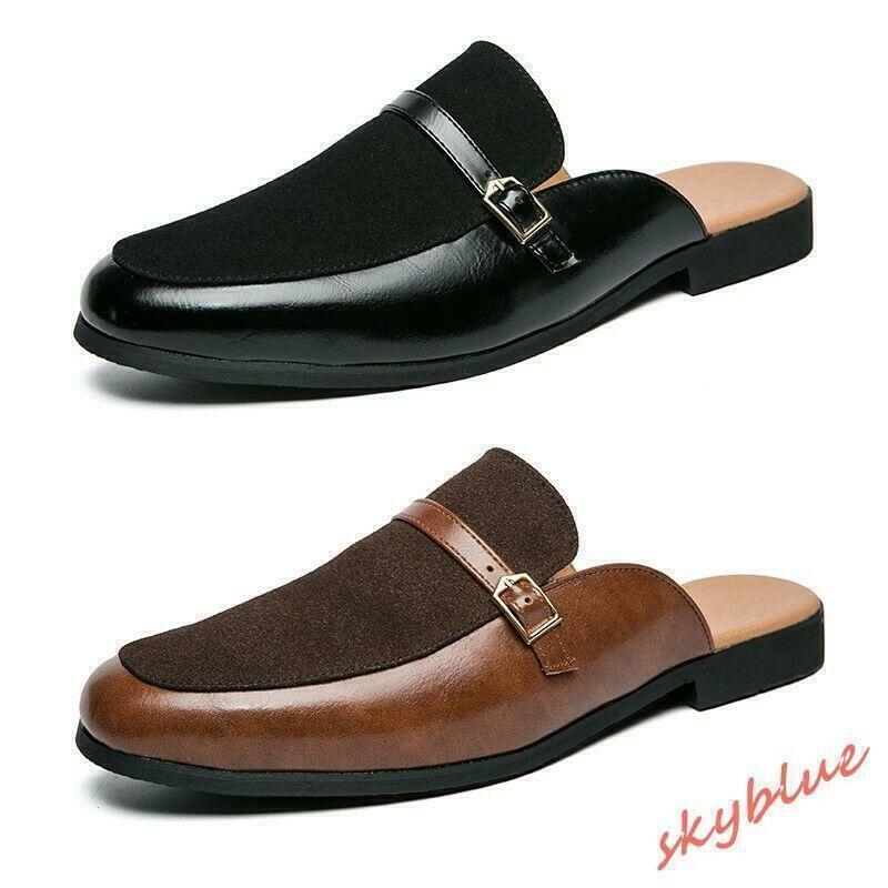 Mens Slip On Slippers Mules Buckle Strap Flats Round Toe Loafers