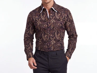 Chemise À Col Double Imprimée Paisley Marron De Design Italien Pour Hommes - Photo 1/4