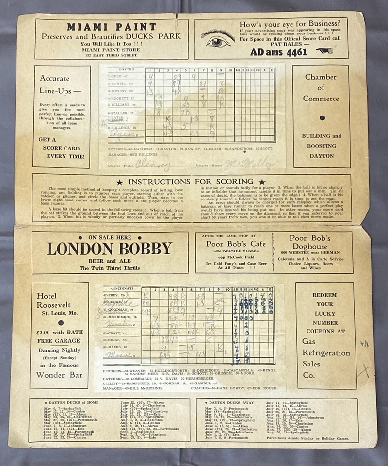 Cincinnati Reds Versus Dayton Ducks 1938 Scorecard - Image 3 of 4