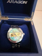Aragon Automatic Bright Silver Blue MOP Skeleton Watch Display Cutout  NWBP